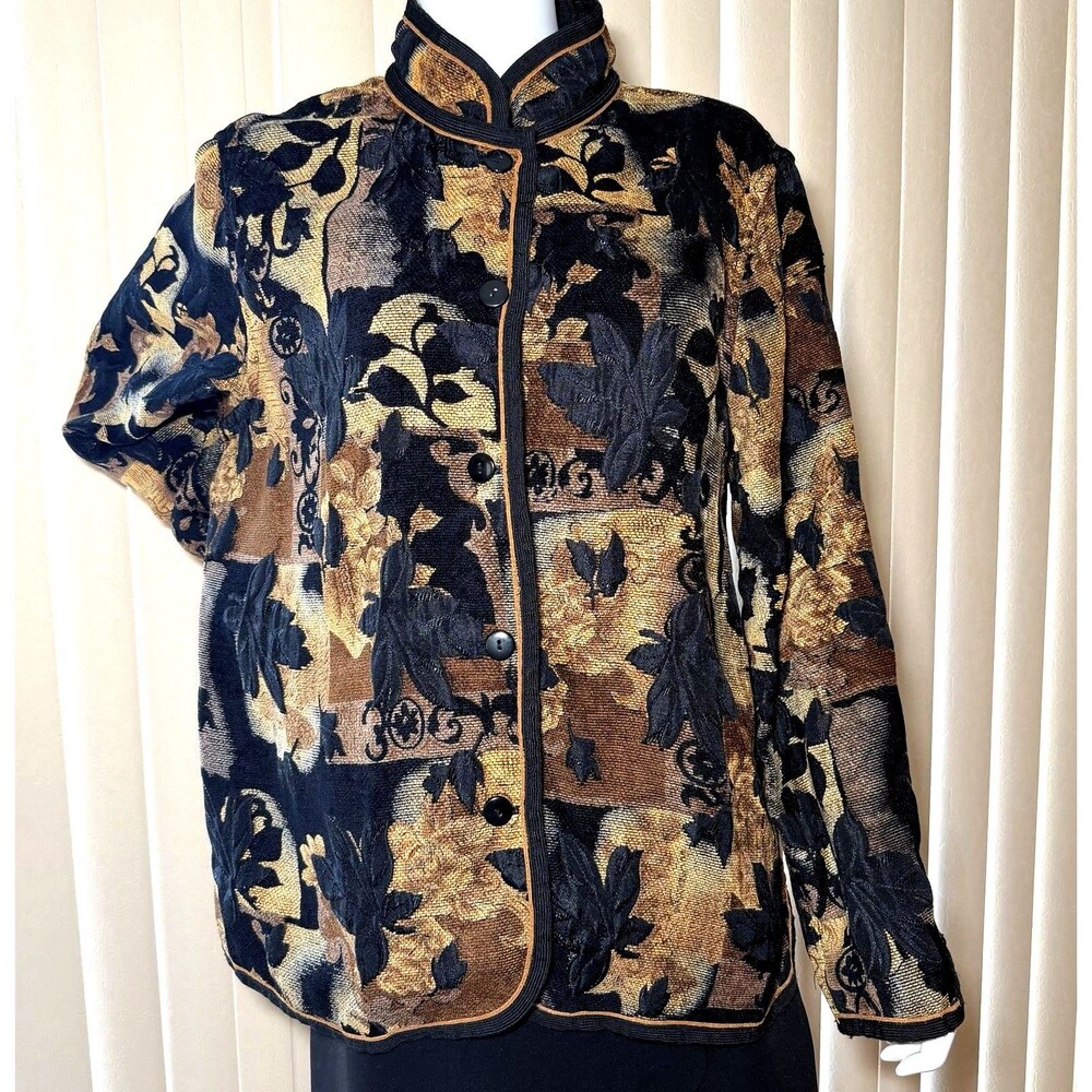 Coldwater Creek Reversible Tapestry Jacket Womens XL Black Gold Floral Boho